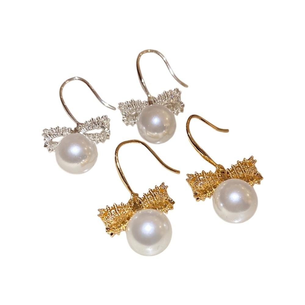 Simulation Freshwater Pearl Bow Pearl Long Earrings Shell Beads Ear Hook Drop Earrings  Girls Gift