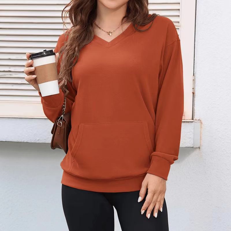Women's V-Neck Hooded Sweatshirt with Front Pocket, Casual Pullover