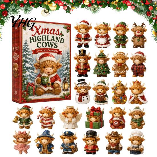 Blind Box Surprise Gift Highland Cow Advent Calendar with 24 Unique Hanging Ornaments for Thanksgiving Christmas Pumpkin Maple Leaf Party Supplies