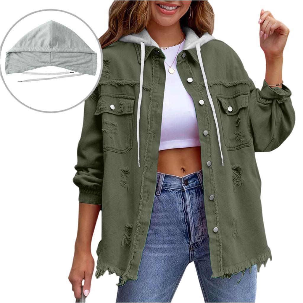 Damska codzienna luźna patchworkowa katana dżinsowa z przetarciami, płaszcz średniej długości