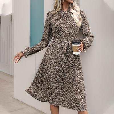 Temperament and Elegance Outer Wear Fall Ruffle Geometric Print Long Sleeve Lace-Up Dresses