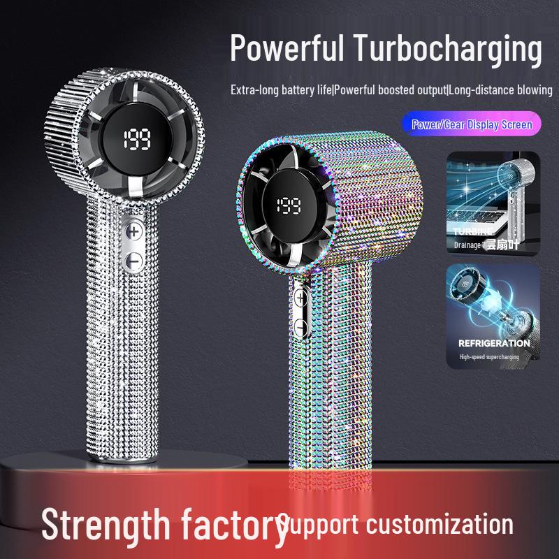Diamond-Encrusted Handheld Turbo Fan with USB & Digital Display S5 Small Fan [White Diamond]