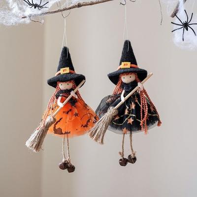 Funny Hanging Broom Girl Angel Pendant Mesh Witch Figurine Handicraft Cute Bell Foot Halloween Witch Party Supplies