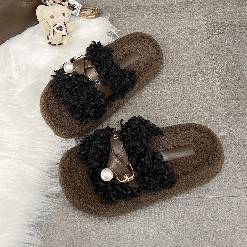 Thick-bottomed Fluffy Slippers for Women's Outerwear 2025 Autumn New Fashion Belt Buckle Lazy Casual Teddy Curly Slippers