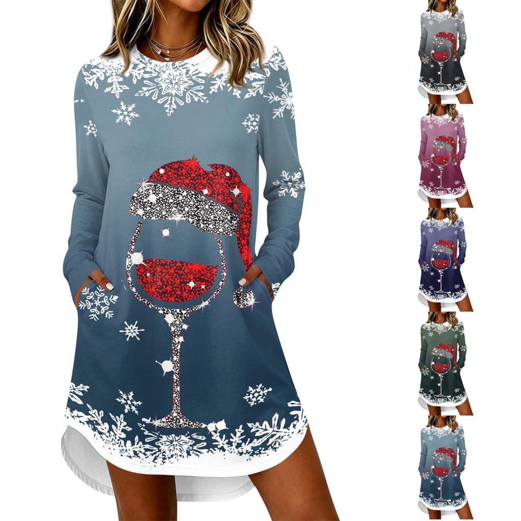 Women's Casual Long Sleeve Christmas Print Neck Dress – Festive Holiday Party Outfit