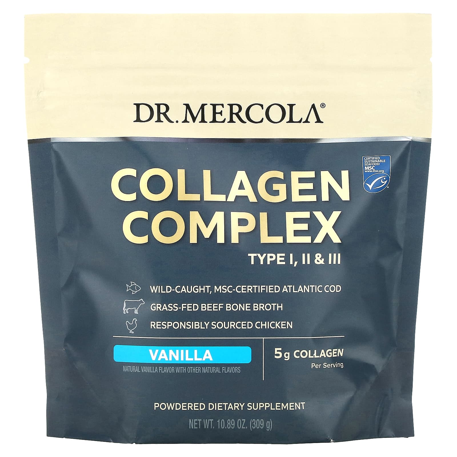 

Dr. Mercola, Collagen Complex Type L, Ll, Lll, Vanilla, 5G Each, 309G (10.89 Oz)
