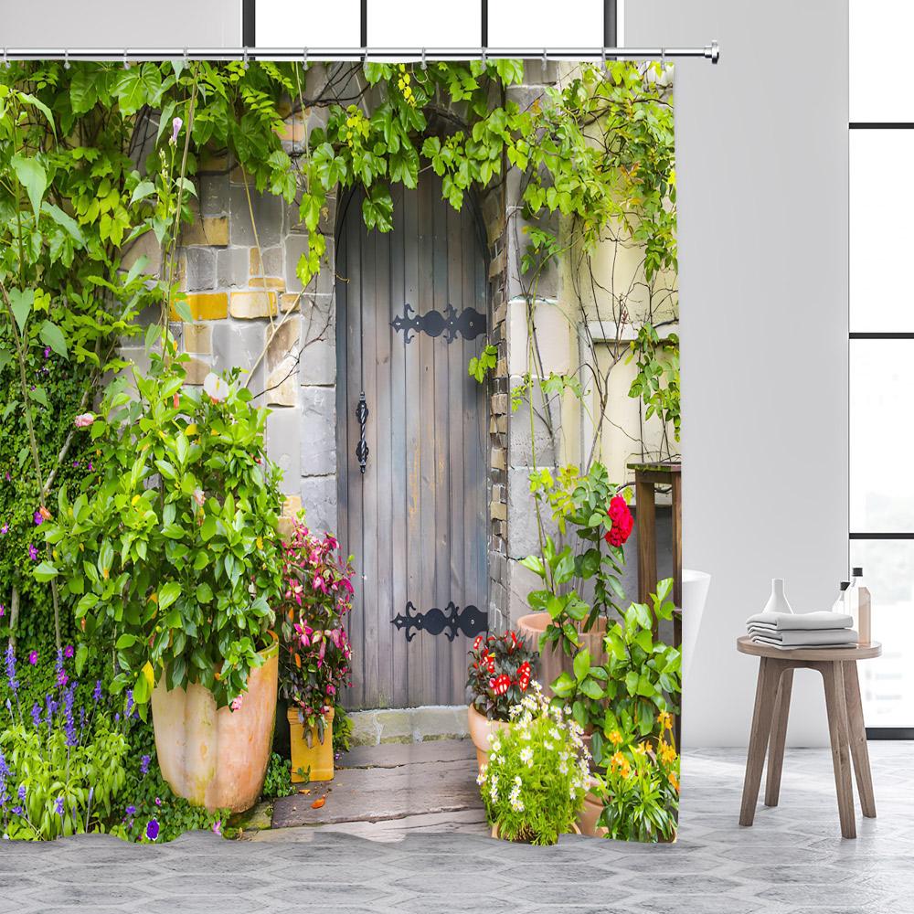 

Italian Town Landscape Shower Curtains Vintage Architecture Flowers Plants Nature Scenery Polyester Home Bathroom Curtain Decor W60H190(CM)-1 Pcs