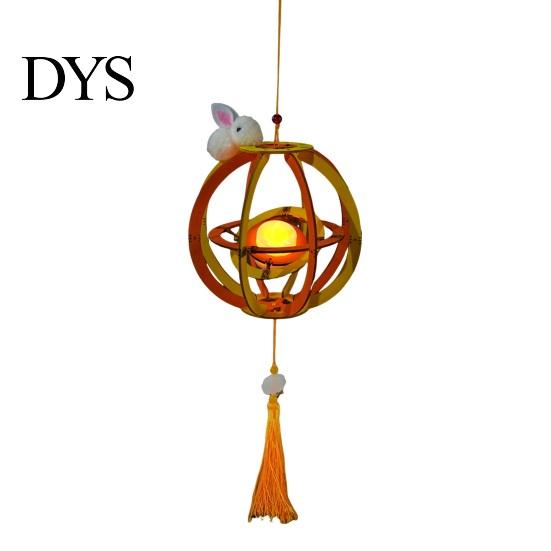 Lantern Hanging Ornament DIY Kit for Mid-Autumn Festival, Hollow Wooden Rotating Ring with Rabbit, Handmade LED Candle Toy Tassels