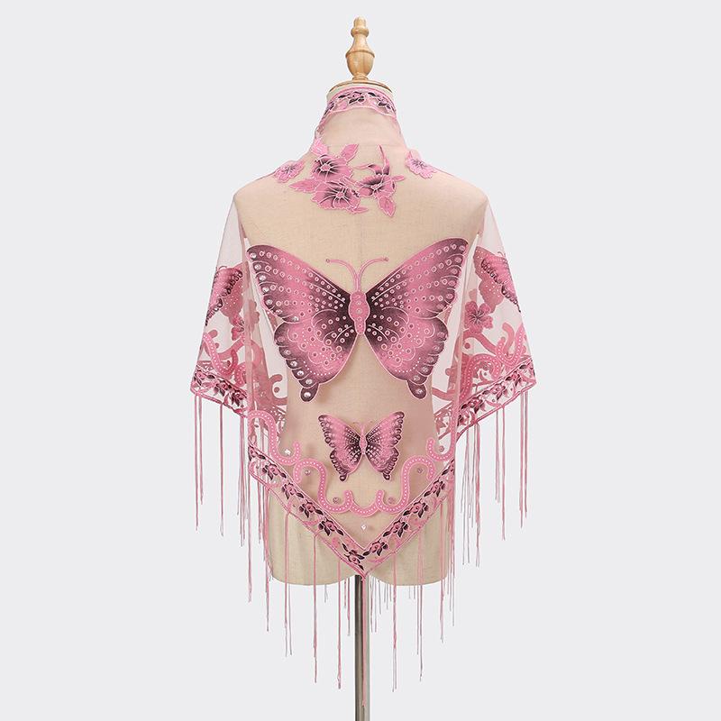 Luxury Flower Lace Hollow Scarf Butterfly Print Tassel Triangle Shawl Wraps Polyester Mesh Scarves Bridal