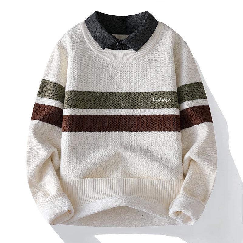 Stylish Men's Faux Two-Piece Sweater with Shirt Collar, Velvet Lining, and Knitted Wool for Autumn and Winter Warmth