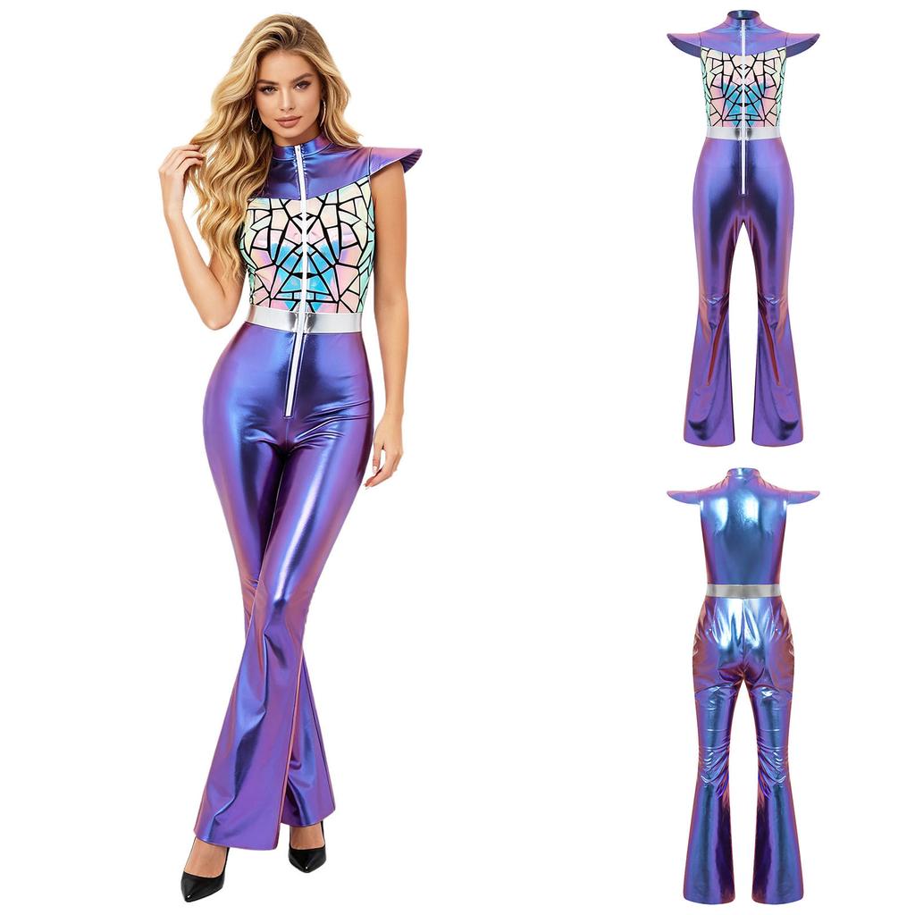 Retro Jednoczęściowy Kostium Disco z Lat 70. dla Kobiet Gradientowy Korpus z Płatkami Śniegu Rękaw Motyl Zamek Błyskawiczny z Przodu Dzwony Kombinezon Color-block na Halloween