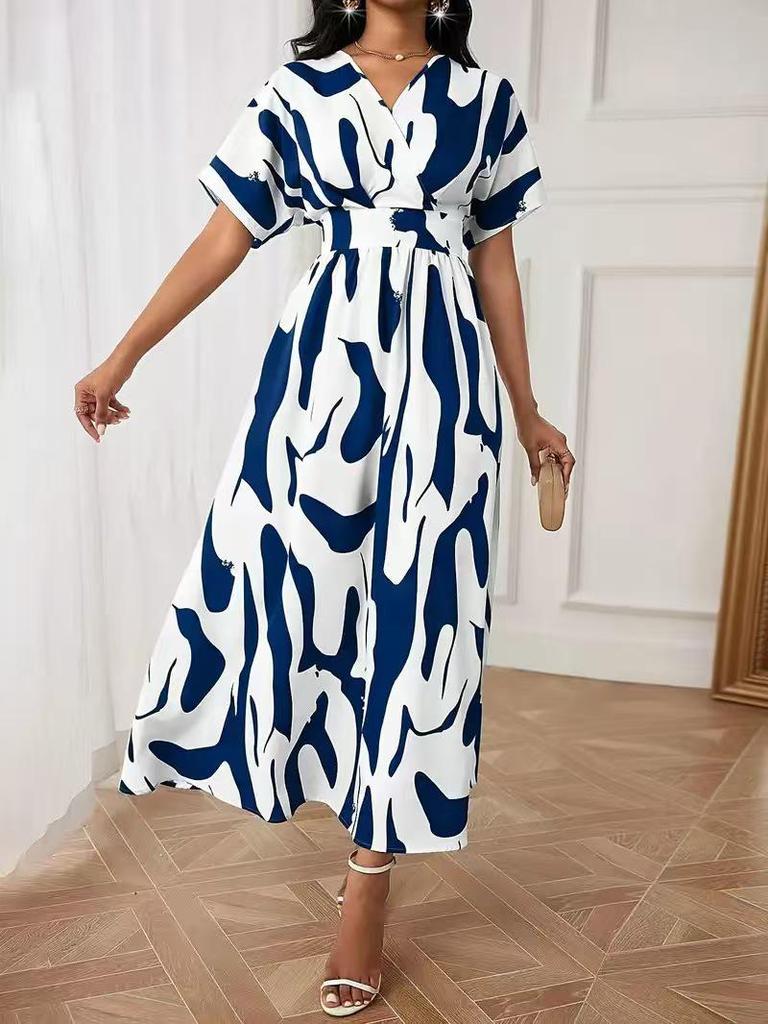 Elegant V-neck Waist-cinching Digital Print Women's Dress