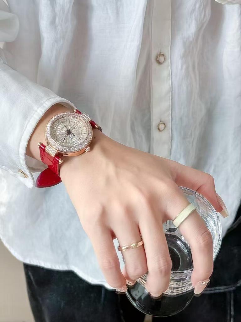 Shigaodi Women's Large Dial Leather Strap Full Diamond Watch, Red Luxury Edition