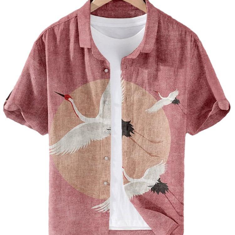 Direct Sales of National Style Short-sleeved Shirts Men's Tops Wholesale Cardigan 1D Digital Printing National Trend