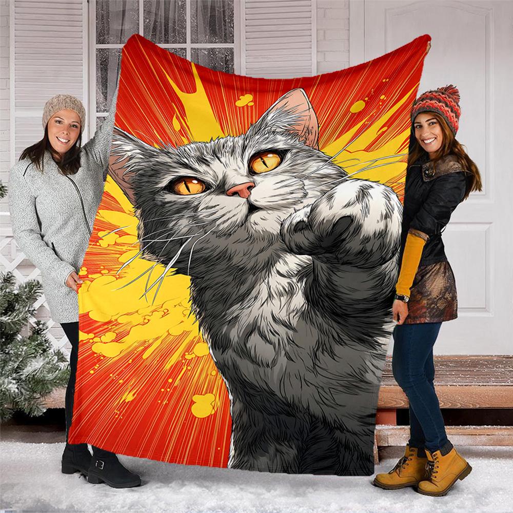 1pc Cat Power Outdoor Flannel Blanket , Machine Washable Perfect Gift for Birthday , Holiday Travel Accessory , Durable Material