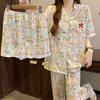 Pajamas Women's Summer New Cartoon Full of Thin Imitation Cotton Sweet Lotus Leaf Edge Short-sleeved Loungewear Three-piece Set