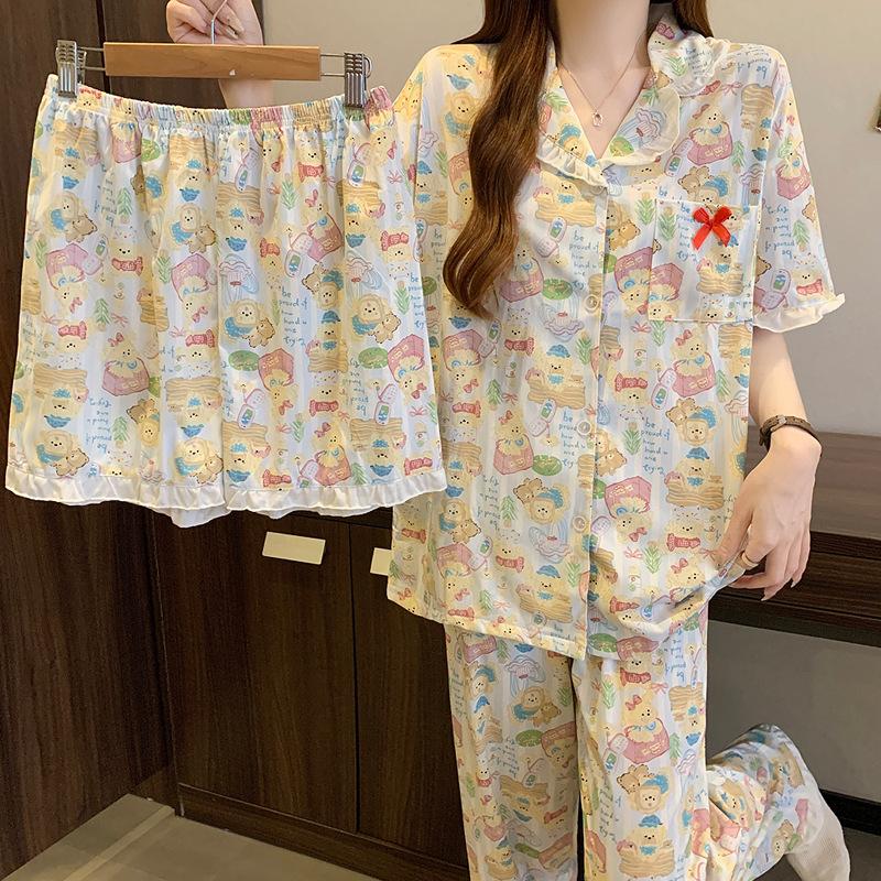 Pajamas Women's Summer New Cartoon Full of Thin Imitation Cotton Sweet Lotus Leaf Edge Short-sleeved Loungewear Three-piece Set