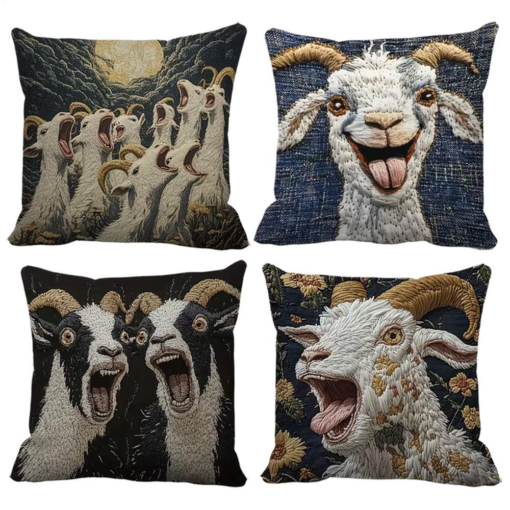 Pillow Covers 4 Pieces Goat Pattern Cushion Case Throw Pillow Case for Family Friends Sofa Living Room Bedroom Indoor Winter
