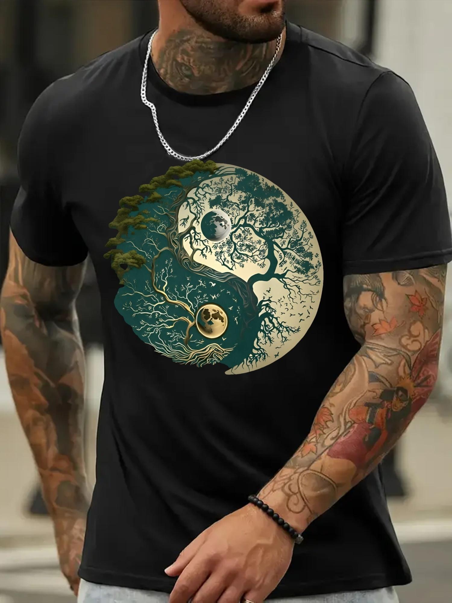 Yin Yang Tree & Moon Graphic T-shirt - White Cotton Blend S