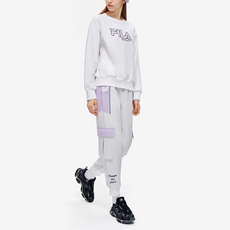 Fila Fusion American Retro Large Logo Print Crew Neck Knit Pullover Long Sleeve Sweatshirt Women sweatshirt Standard-White T11W241212FWT