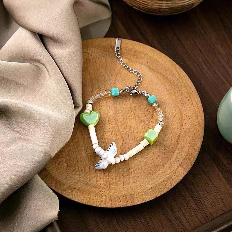 Womens Trendy Ceramic Beaded Bracelet With Heart And Geometric Charms Retro Style