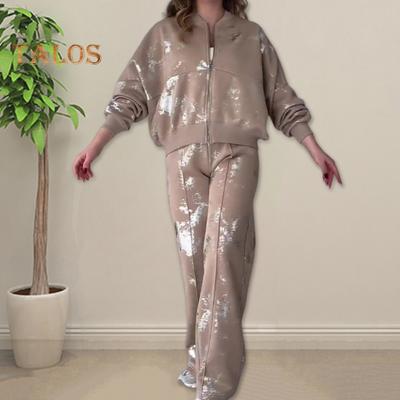 2 pièces/ensemble femmes costume col montant fermeture à glissière manches longues manchette élastique paillettes manteau taille élastique épais jambe large pantalon automne hiver survêtement