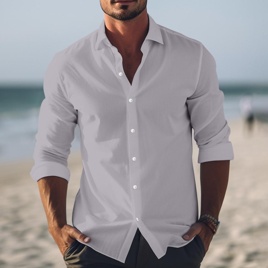 Chemises Décontractées Homme Printemps Été Design Coton Lin Couleur Manches Longues Coupe Ample Col Montant