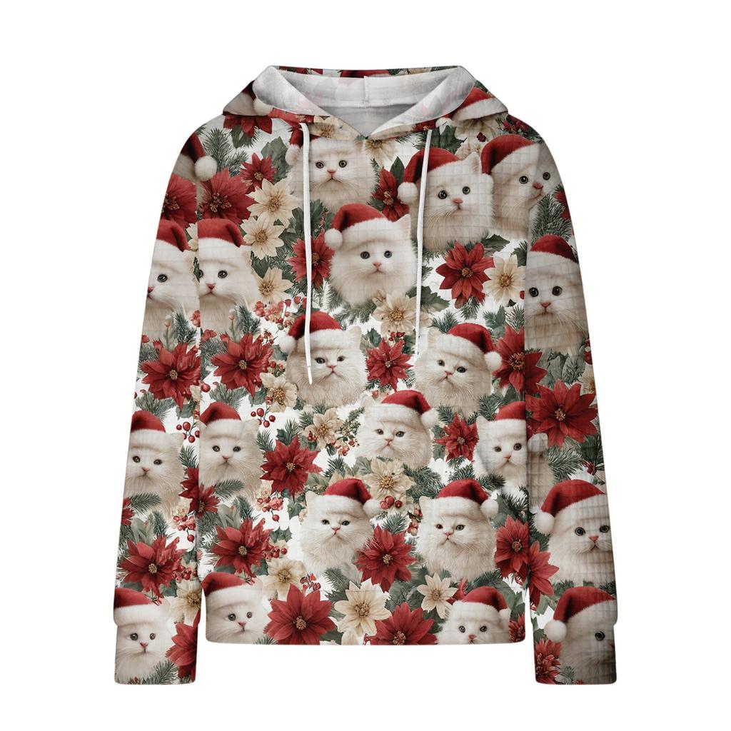 Mote løs hettegenser for kvinner, langermet genser med snøring, drop shoulder, lomme, topp med juleprint