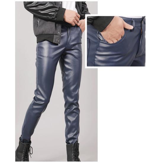 Men Faux Leather Pants Mid Waist Slim Fit Smooth Button Zipper Placket Solid Color Waterproof Hip Hop Style Streetwear Party Club Performance Trousers