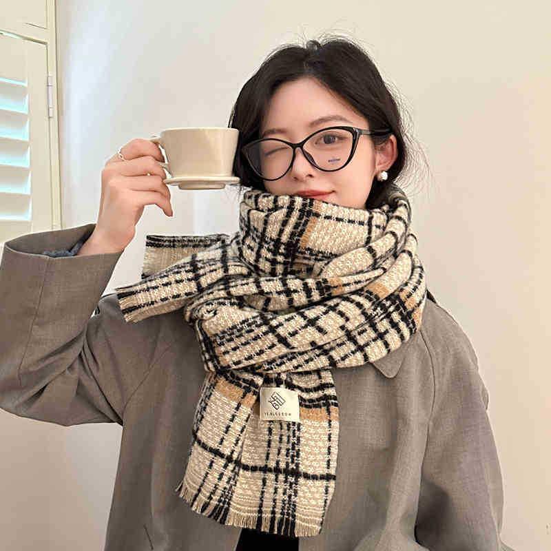 Houndstooth Bright Silk Scarf Warm Neck Winter Premium Plaid Knit Scarf