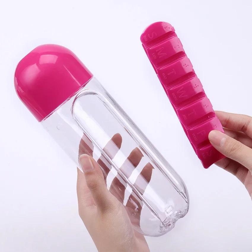 1PC 600ml Sports Plastic Water Bottle Combine Daily Pill Boxes Capsule Water Cup Medicine Organizer Drinking Bottles