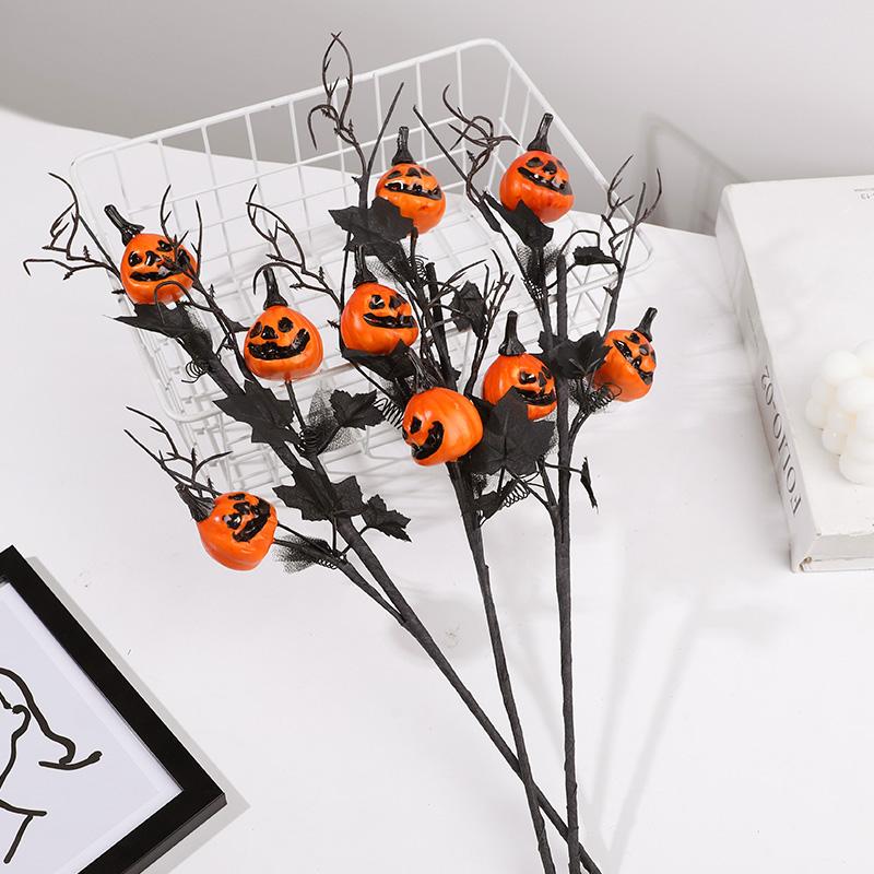 1PcHalloween Branches Artificial Pumpkin Maple Leaf Stem Flowers Halloween Party Decoration For Home DIY Vase Photo Props