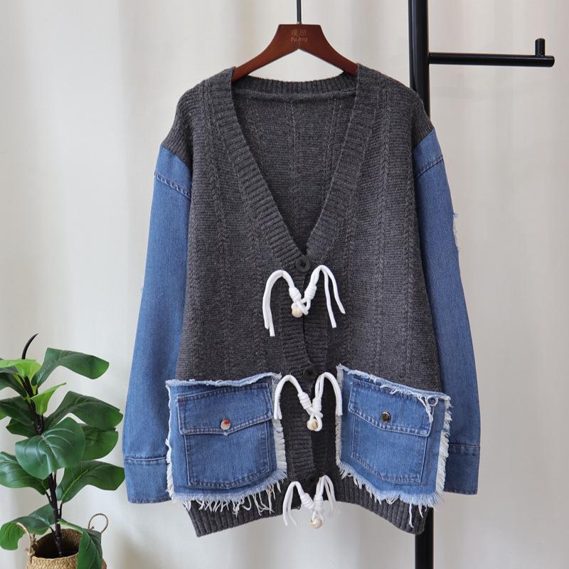 

Осень и зима новый свободный джинсовый вязаный кардиган с лоскутной отделкой, дизайнерский повседневный свитер-жакет для женщин one size fits all серый