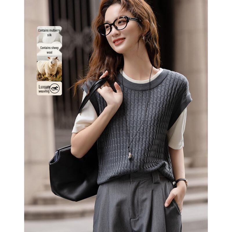 Demana Women s Silk Wool Blend Cable Knit Short Sleeve Pullover S