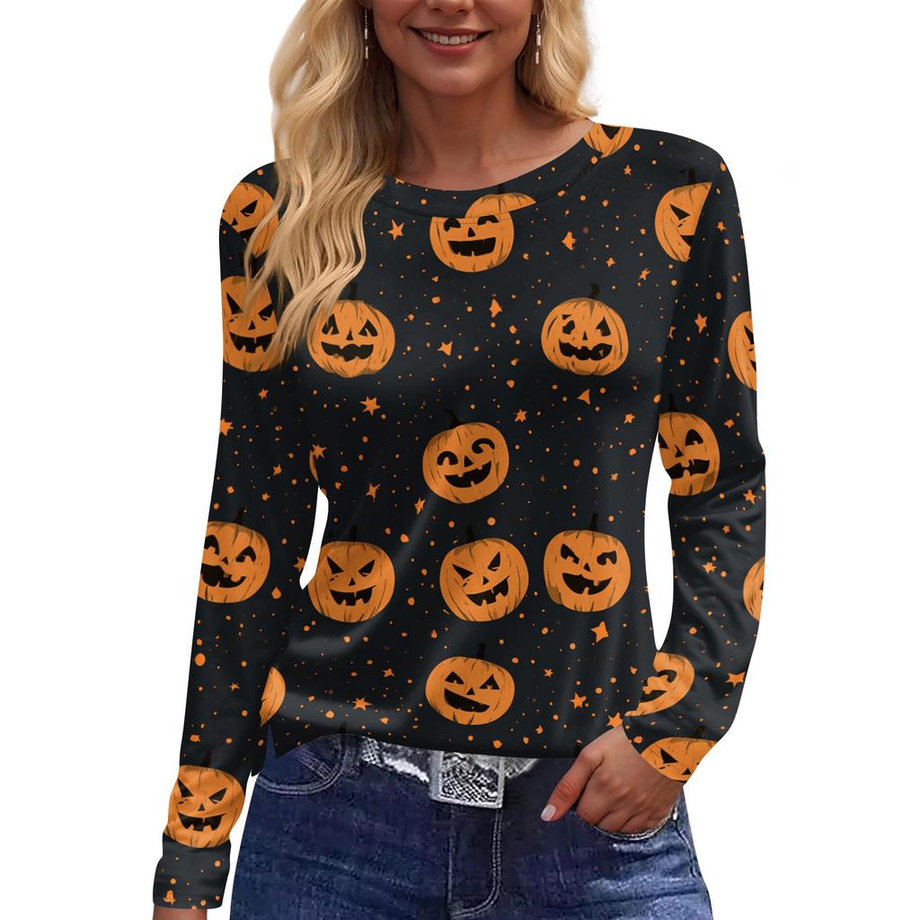 Women's Halloween Print Long Sleeve Round Neck Top with Split Hem