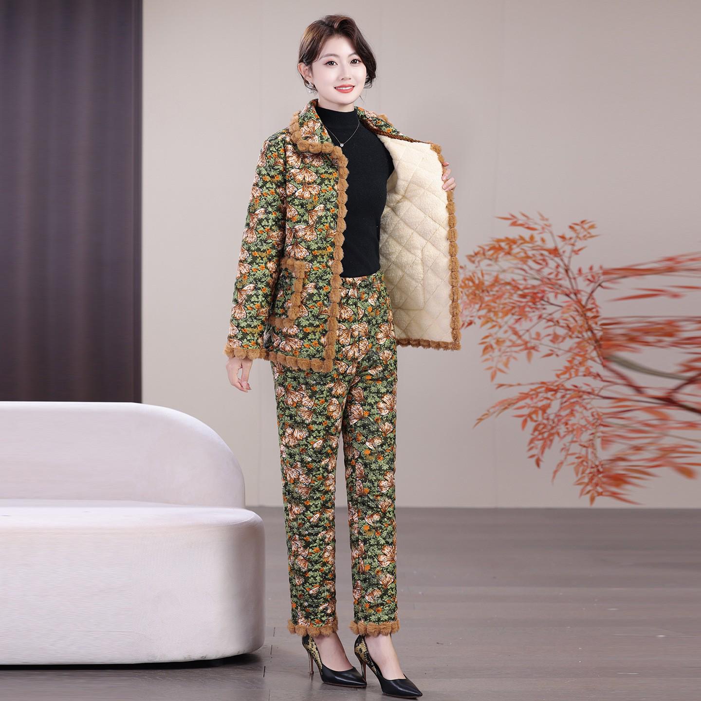 

2025 Теплый Ветрозащитный Хлопковый Комплект-Двойка на Флисовой Подкладке для Мам Среднего и Пожилого Возраста 5XL (150-165 jin) зелёный