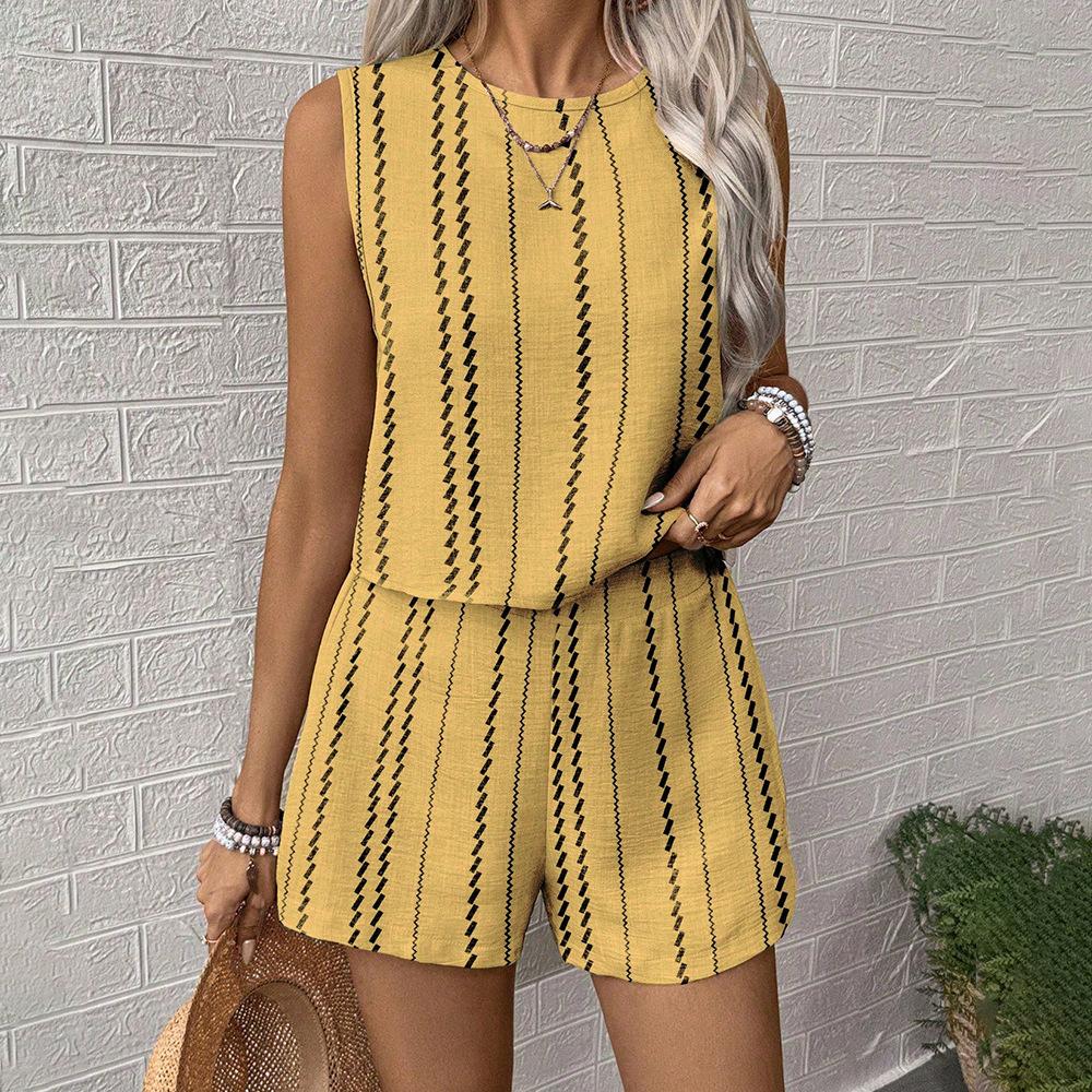 

Women s Sleeveless Striped Tank Top and Shorts Set in Beige with Black Stripes | Casual Summer Two Piece Outfit XL