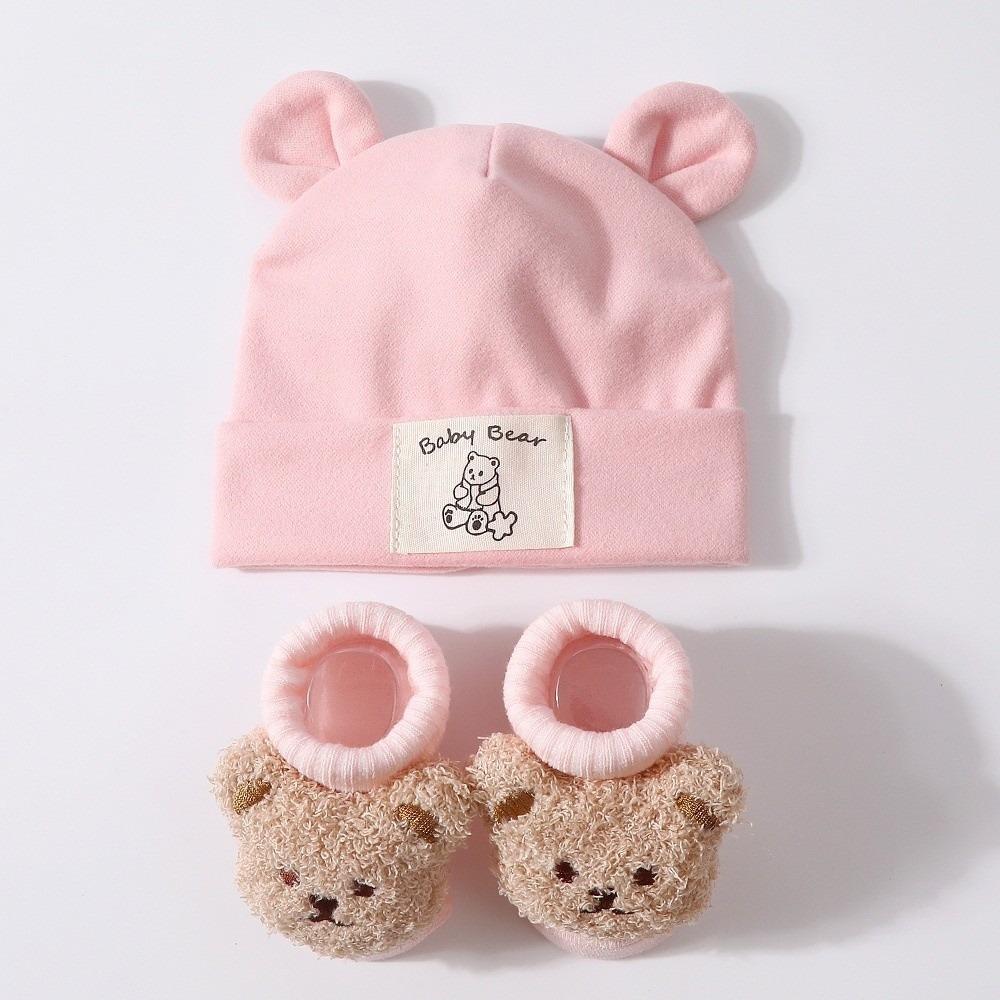2Pcs/Set Warm Bear Ear Beanie Cotton Infant Cap Socks Cute Baby Turban Socks  Autumn Winter
