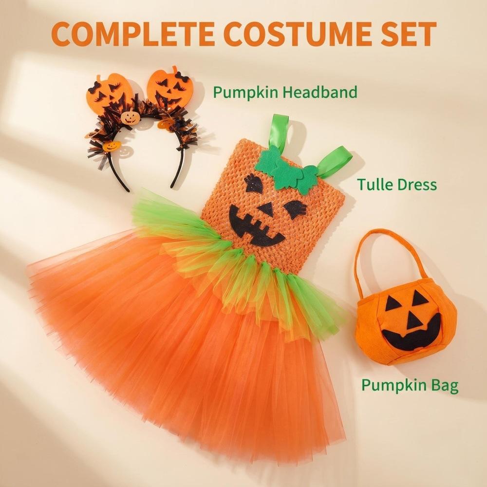 Vestido Tutú de Calabaza Disfraz de Halloween para Niñas Falda de Tul Vestido de Fiesta con Diadema y Bolsa de Calabaza Set para Festival Actuación en Escenario