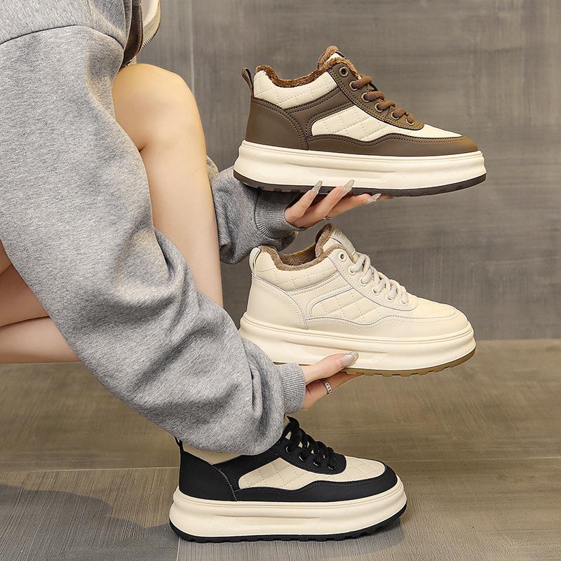High-top Women's Shoes 2025 New Autumn and Winter Versatile Velvet Warm Cotton Shoes Platform Casual Sports Soft Leather Board Shoes Women