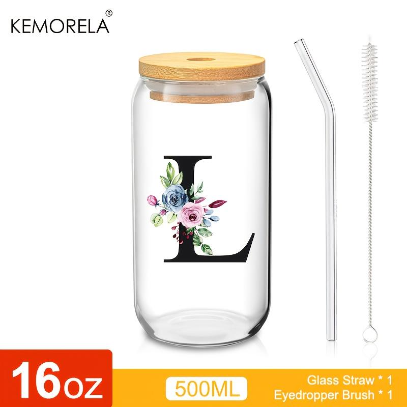 1 STÜCK 24 Buchstaben Glas Trinkbecher mit Bambusdeckel Strohhalm Individuelle Eiskaffeetasse 470ML Klares Mason Jar Bier Smoothie Cocktail