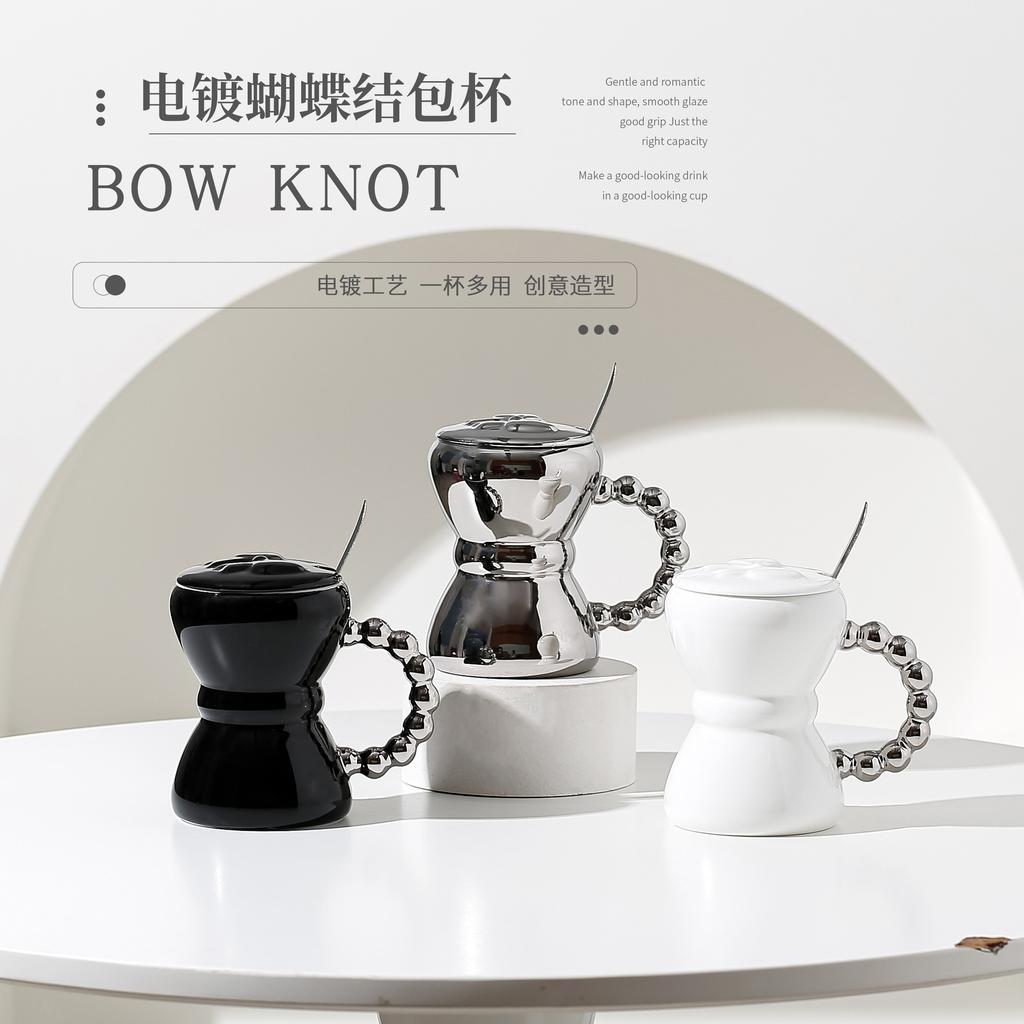 Lekki luksusowy kubek ceramiczny z pokrywką łyżeczką torebką z kokardą kubek do kawy kubek do picia dla pary kubek biurowy gospodarstwa domowego szczelny