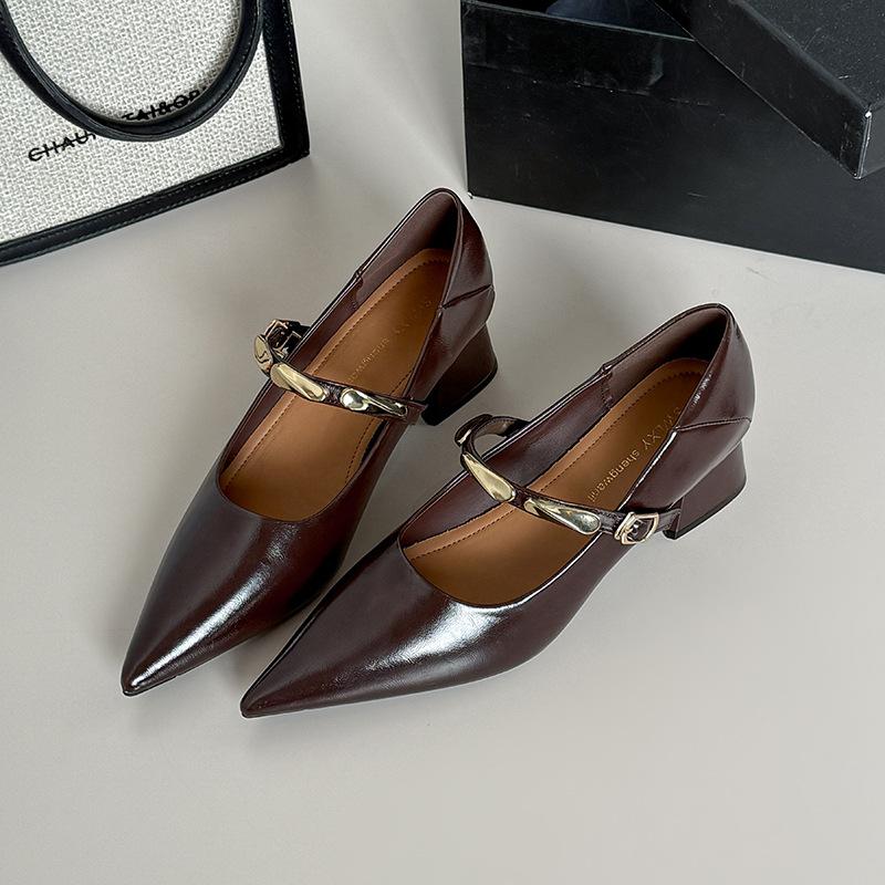 

Французские универсальные туфли Мэри Джейн с острым носком и неглубоким вырезом, женские осенние модели 2025 года, красивые и не утомляющие ноги, на низком толстом каблуке, черные, маленькие 35