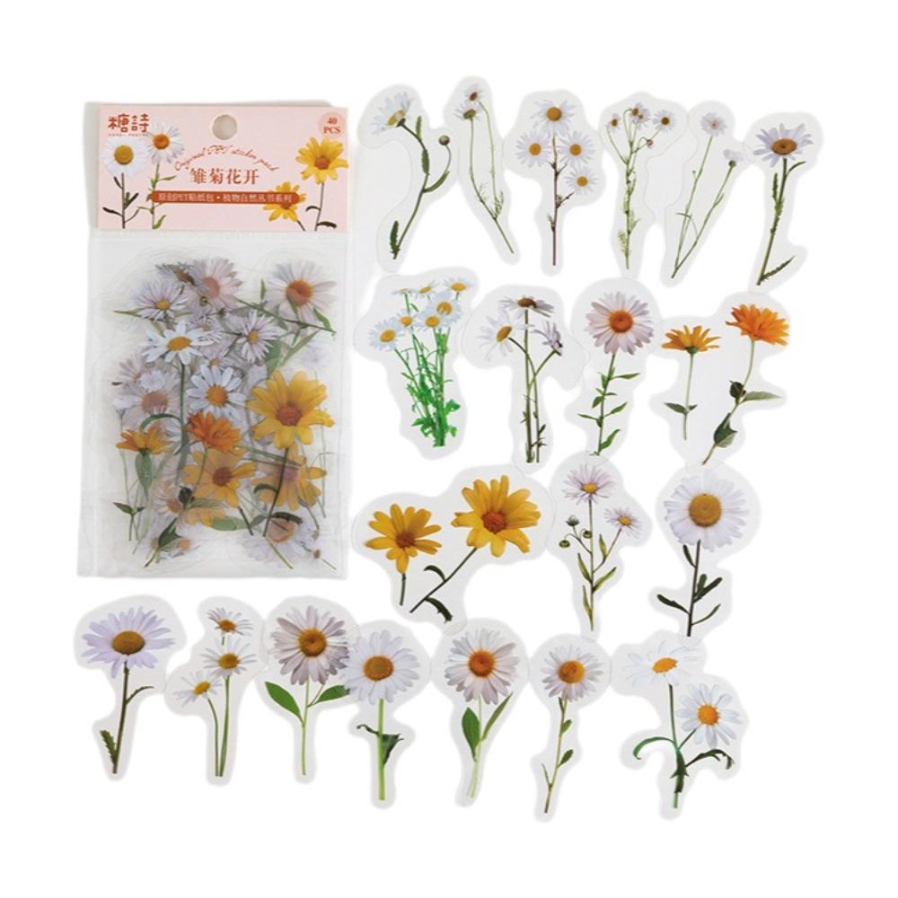 40Pcs DIY Vintage Butterfly Stickers Flower Design PET Plant Decorative Stickers Mushroom Pattern Daisy Pattern