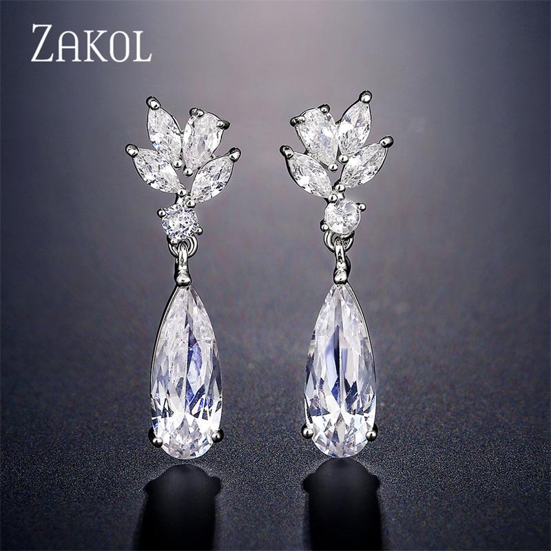 ZAKOL White Zircon Leaf Dangle Earrings for Women Shinny Water Drop Crystal Flower Pendant Earring Bridal Wedding Zircon
