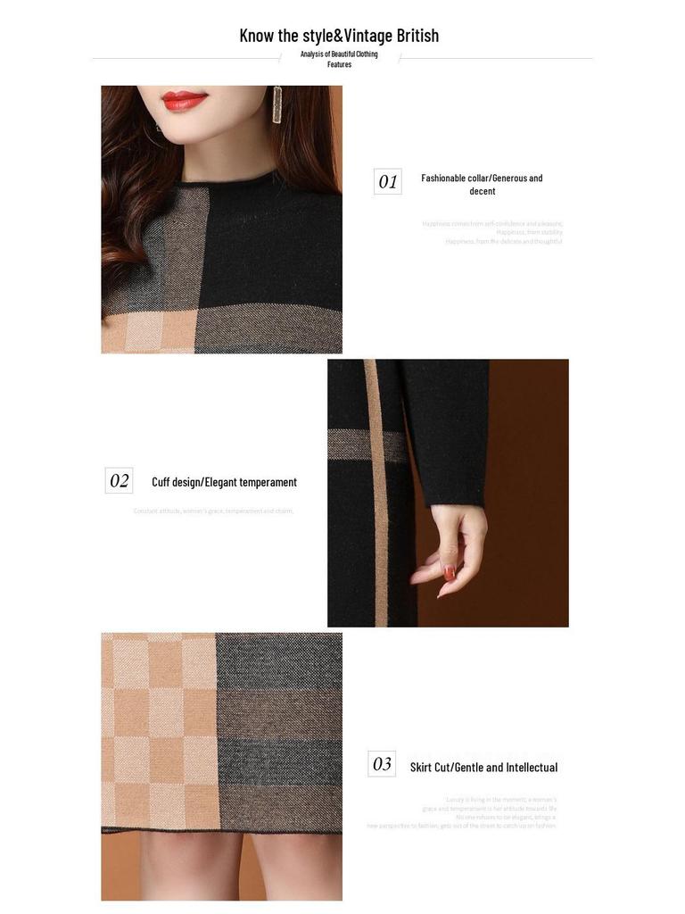 Herbst 2025 Langes Woll-Strickkleid über dem Knie mit Innenlage