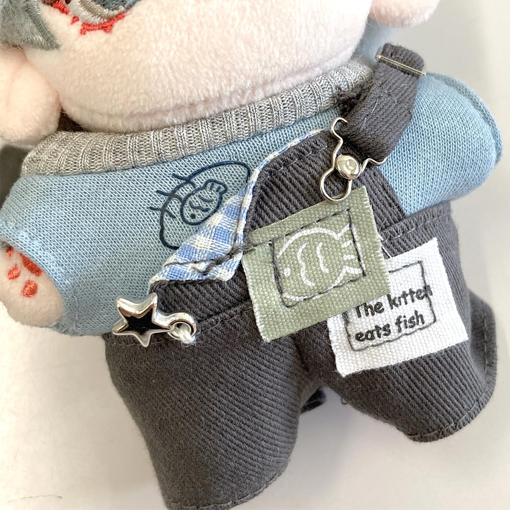 Knit shirt and overalls set for stuffed costume cap, 10cm, grey, animal, kigurumi, accessories, otaku, doll, mascot, kpopdoll, [used]