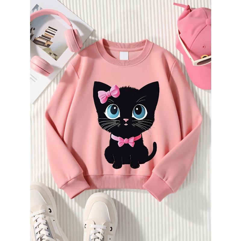 Kids Sweatshirt,Crew Neck Fashion Top, Fun"Cute Black Cat with Pink Bow " Patterned Sweatshirt,for Everyday Casual Wear,for All Kinds of Daily Outfits