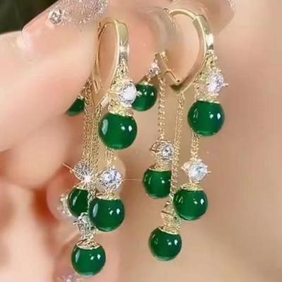 Korean Simple Pearl & Cat's Eye Tassel Earrings for Women