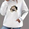 Women's Autumn and Winter Warm and Loose Casual 3D Cat Pattern Printed Velvet Long Sleeved Hooded Sweatshirt